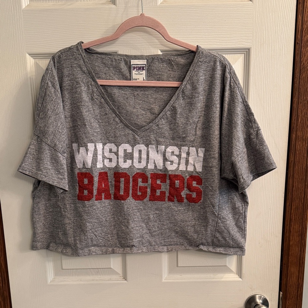 PINK‎ Victoria's Secret Heather Gray Tee with Pink Trim